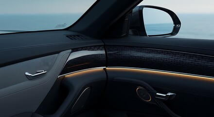 Luxury Car Interior: Geometric Trim, Ambient Glow, and Coastal View Reflection.