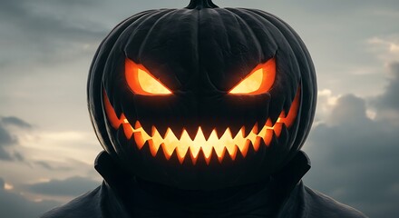 Sinister Black Pumpkin with Fiery Glowing Eyes and a Jagged, Evil Grin