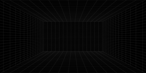 Naklejka premium Futuristic perspective grid box. Abstract wireframe with white grid line on black background. Virtual reality landscape in 80s 90s digital style. Vector illustration.
