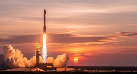To the Stars: A Majestic Rocket Launch Blazing a Trail into the Glorious Sunset Sky








