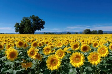 Field of sunflowers under perfect sunny weather, vivid yellow, bright blue sky