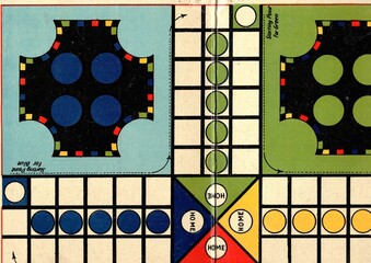 A detail from the vintage board game of Ludo.