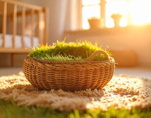 Handwoven Moses basket made from seagrass placed on a jute rug in a minimalist nursery, soft natural light, eco-friendly vibe, Scandinavian design, no baby