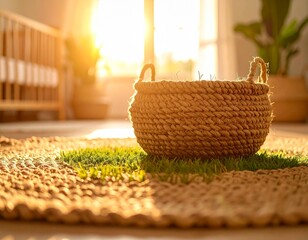 Handwoven Moses basket made from seagrass placed on a jute rug in a minimalist nursery, soft natural light, eco-friendly vibe, Scandinavian design, no baby