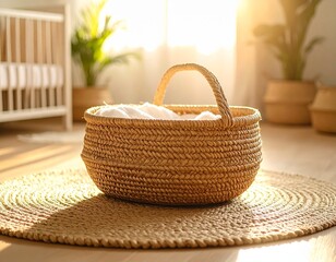 Handwoven Moses basket made from seagrass placed on a jute rug in a minimalist nursery, soft natural light, eco-friendly vibe, Scandinavian design, no baby