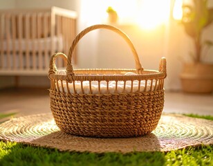 Handwoven Moses basket made from seagrass placed on a jute rug in a minimalist nursery, soft natural light, eco-friendly vibe, Scandinavian design, no baby