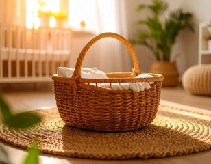 Handwoven Moses basket made from seagrass placed on a jute rug in a minimalist nursery, soft natural light, eco-friendly vibe, Scandinavian design, no baby