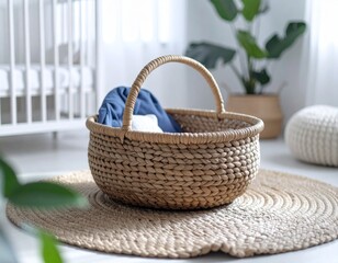 Handwoven Moses basket made from seagrass placed on a jute rug in a minimalist nursery, soft natural light, eco-friendly vibe, Scandinavian design, no baby