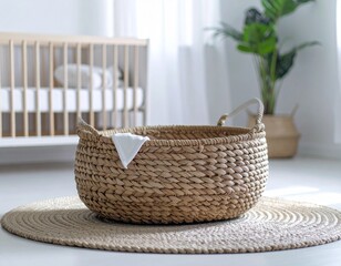 Handwoven Moses basket made from seagrass placed on a jute rug in a minimalist nursery, soft natural light, eco-friendly vibe, Scandinavian design, no baby