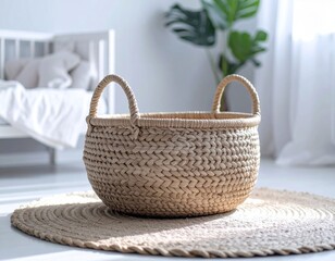 Handwoven Moses basket made from seagrass placed on a jute rug in a minimalist nursery, soft natural light, eco-friendly vibe, Scandinavian design, no baby