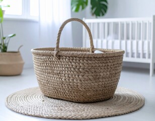 Handwoven Moses basket made from seagrass placed on a jute rug in a minimalist nursery, soft natural light, eco-friendly vibe, Scandinavian design, no baby