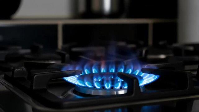 Blue gas flame on stove for Indian housewife. 4K Video