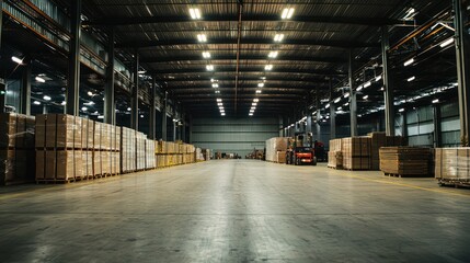 Fototapeta premium A large, empty warehouse with rows of stacked pallets and a forklift in the middle.