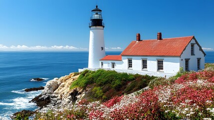 Beautiful coastal lighthouse on a sunny day with vibrant flowers in the foreground and clear blue skies overhead