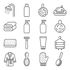 Bathroom essentials icons: shower, towels, soap, and grooming accessories