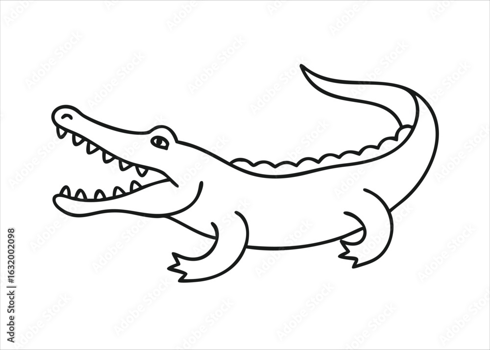 Poster a detailed line art ink sketch drawing of a smiling alligator in a playful pose perfect for creative