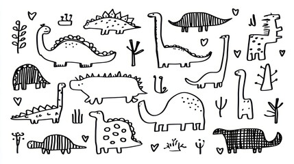 Cute hand drawn dinosaurs and plants in playful doodle style, featuring various dinosaur species and whimsical elements