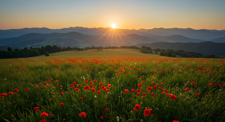 A breathtaking vista of a vibrant poppy field against the backdrop of majestic mountains and a radiant sunset, exuding serenity