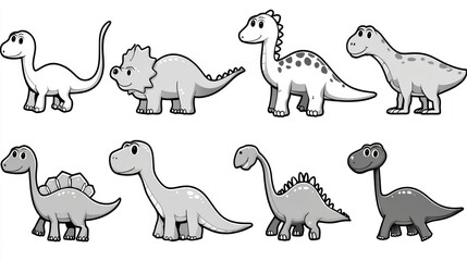 Cute cartoon dinosaurs grayscale, featuring various species with playful expressions. Perfect for children illustrations or educational materials