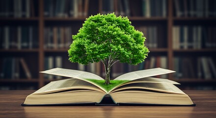 Knowledge Takes Root: A Lush Tree Grows from an Open Book in a Study