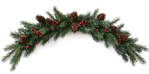 An arched evergreen Christmas garland decorated with pinecones and red berries, isolated on a white background.