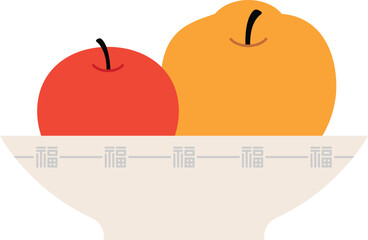 Vector illustration of persimmons and apples in a traditional Asian ceramic bowl, perfect for Chuseok holiday designs and representing autumn seasonal foods across Asia.