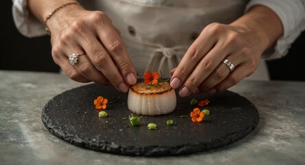 Chef delicately placing orange flower atop a beautifully plated scallop dish on a dark stone plate