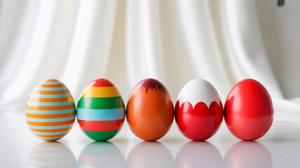 Naklejka premium Five decorative easter eggs in various colors and patterns painted striped