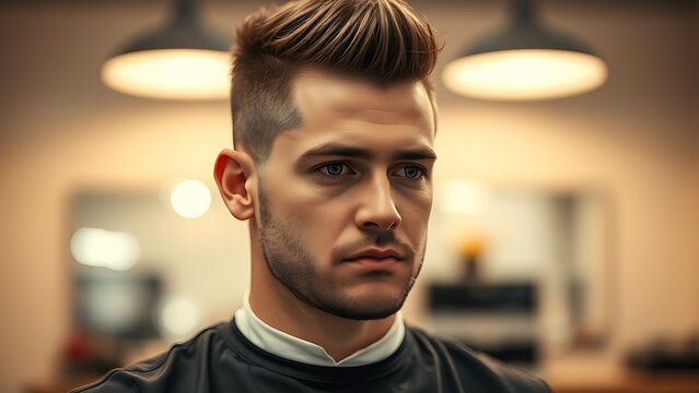 A professional barber focused on hairstyling, captured in a clean composition with warm side lighting.