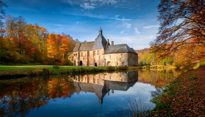 le prieure de l abbaye du rouge cloitre dans un cadre bucolique en automne se refletant dans l etang en pleine foret de soignes a auderghem