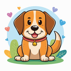 Adorable cartoon dog illustration with hearts and plants for children's content