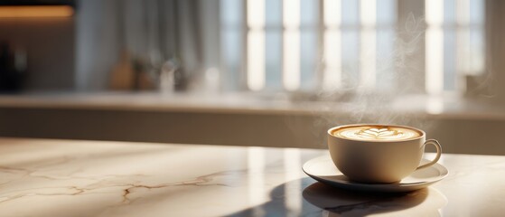 The steaming cup of latte on a marble countertop in a cozy kitchen.