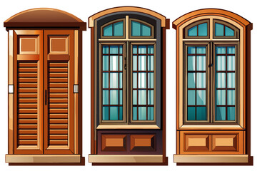 Fototapeta premium vector of Three models of wooden windows designed for building a house. New example... placed next to a white wall.