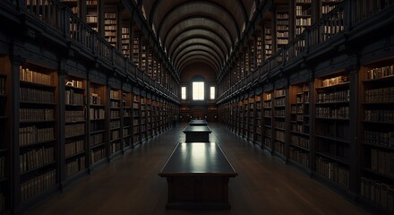 Fototapeta premium Solemn Majesty: Symmetrical View of a Grand Library's Barrel-Vaulted Hall