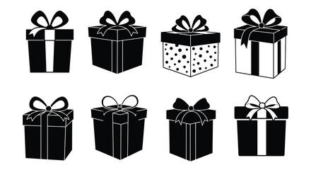 Collection of eight diverse gift boxes with bows in a striking black and white silhouette style. vector design. Silhouette vector design illustration
