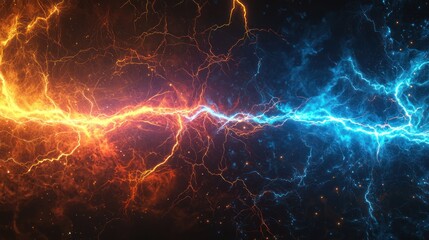 Two fiery lightning bolts against a dark, starry sky. The concept of energy and power. The vibrant colors of orange and blue contrast against the dark background.