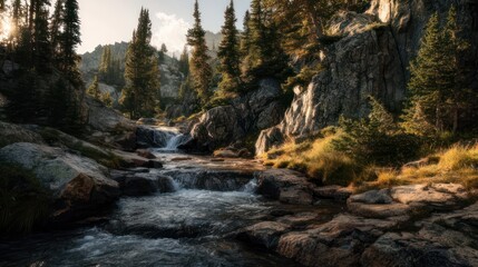Obraz premium A mountain stream flows through a rocky landscape illuminated by sunlight