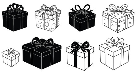 Collection of eight festive gift boxes with ribbons and bows in a charming silhouette style. vector design. Silhouette vector design illustration
