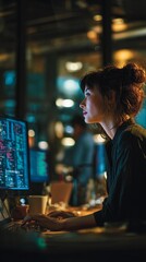 Focused professional working late at night, analyzing complex data visualizations on multiple computer screens in a dimly lit modern office environment