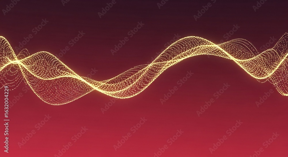 Poster digital wavy lines of glowing particles on a dark red backdrop