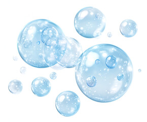 An illustration of clear, shiny blue bubbles with sparkling reflections floating against a white background.