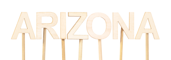 Name Arizona formed with light wooden letters, rustic and minimalist style ideal for DIY decoration, school activities, or state-themed graphic design