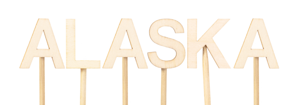Handmade wooden sign forming the word Alaska, letters for crafts and visual resources about US states
