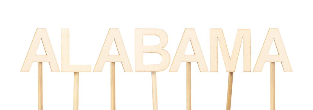 Name of the state Alabama written in wooden letters, handmade design ideal for school projects, themed decoration, or educational content about the United States