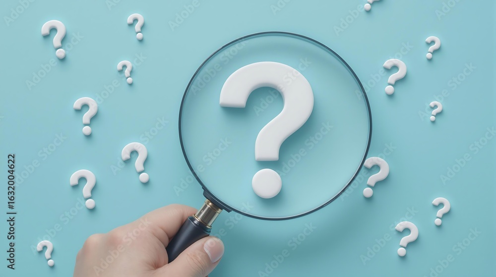 Poster question mark concept with magnifying glass for business problem solving and solution