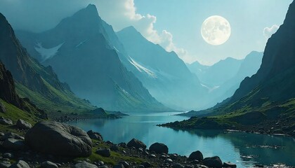 Landscape pans of an alien terrain with bioluminescent plants and floating stones.