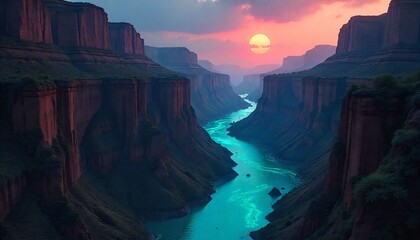 Landscape pans of an alien terrain with bioluminescent plants and floating stones.