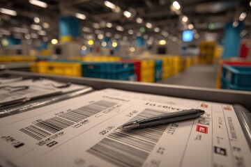 Detailed view of parcels with barcodes and a pen in a postal sorting hub.