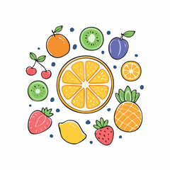 Cheerful Circle of Colorful Cartoon Fruits: A Vibrant and Playful Design Element for Summer
