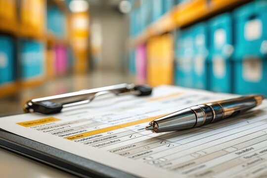 Pen and clipboard on an official document in a modern warehouse environment. - Powered by Adobe
